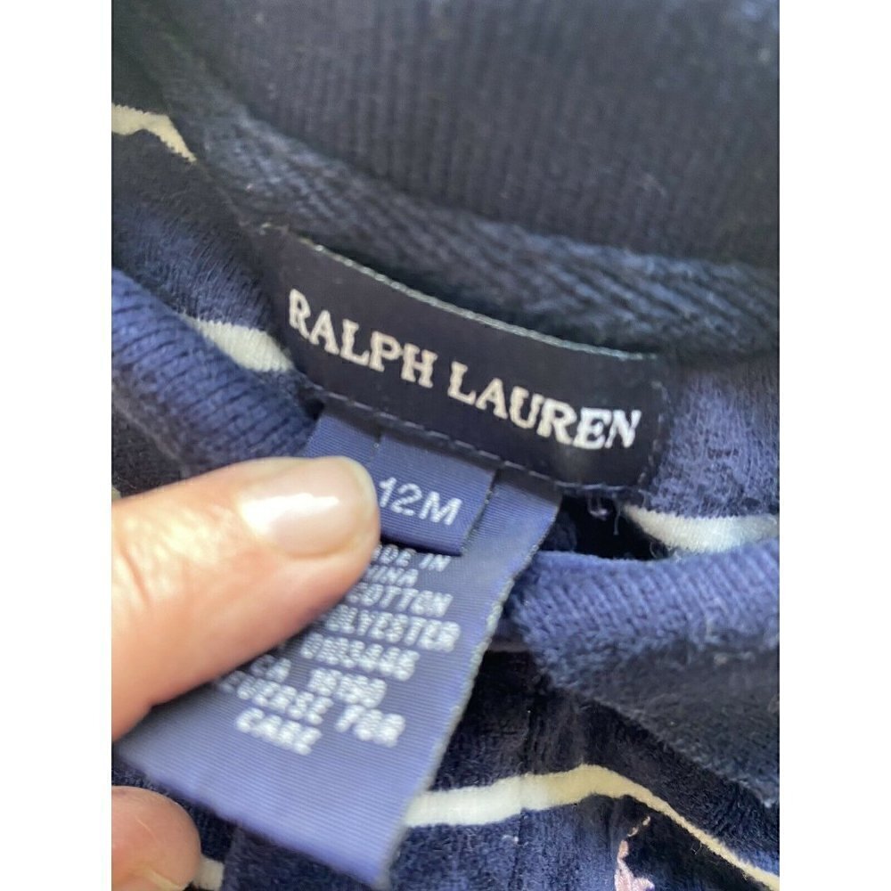 Ralph‎ Lauren 12 Month Baby Girl Navy Blue Velour Striped Short Sleeve Dress - Picture 6 of 6